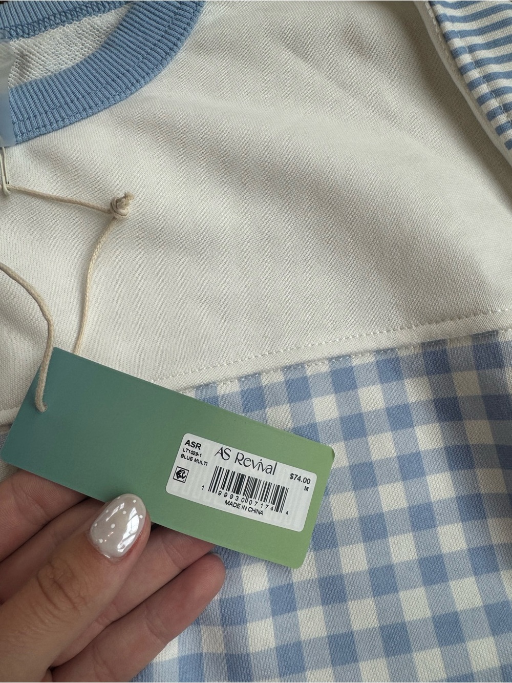 Altar'd State Light Blue and White Gingham Panel Sweatshirt - Picture 3 of 4